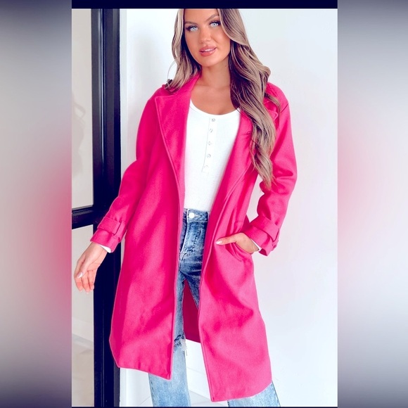 Haute Monde Longline Coat Size Large Hot Pink Side Pockets Single Button Closure - Picture 1 of 13